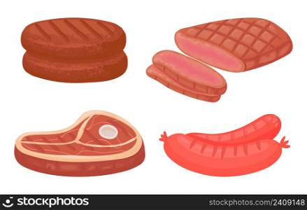 Cartoon meat food. Raw product ingredients as patty, steak and sausages for butchery store. Organic meat for burger, hot dog and barbecue. Different food for shop or cafe vector set. Cartoon meat food. Raw product ingredients as patty, steak and sausages for butchery store. Organic meat