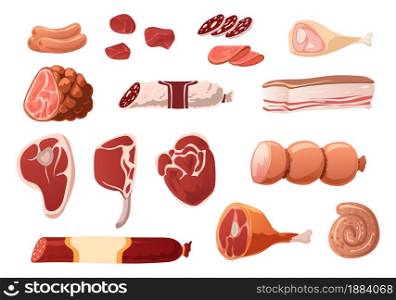 Cartoon meat products. Butchery assortment. Chicken gammon. Pork or beef steaks. Isolated chops for barbecue. Sausage slices. Bacon and salami pieces. Vector cooking protein grocery ingredients set. Cartoon meat products. Butchery assortment. Chicken gammon. Pork or beef steaks. Chops for barbecue. Sausage slices. Bacon and salami pieces. Vector cooking grocery ingredients set