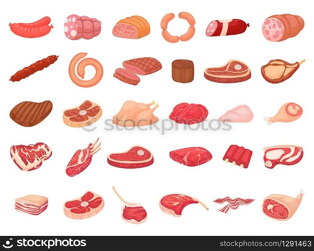 Cartoon meat products. Chicken, sausages and sausages. Steaks, pork bacon and ribs vector set. Steak chicken, sausage and bacon, product ingredient illustration. Cartoon meat products. Chicken, sausages and sausages. Steaks, pork bacon and ribs vector set