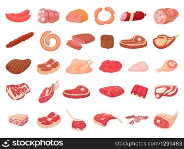 Cartoon meat products. Chicken, sausages and sausages. Steaks, pork bacon and ribs vector set. Steak chicken, sausage and bacon, product ingredient illustration. Cartoon meat products. Chicken, sausages and sausages. Steaks, pork bacon and ribs vector set