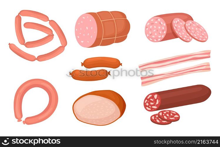 Cartoon meat products collection sausages and frankfurter. Vector meat and meal, salami and frankfurter, smoked beef illustration. Cartoon meat products collection sausages and frankfurter