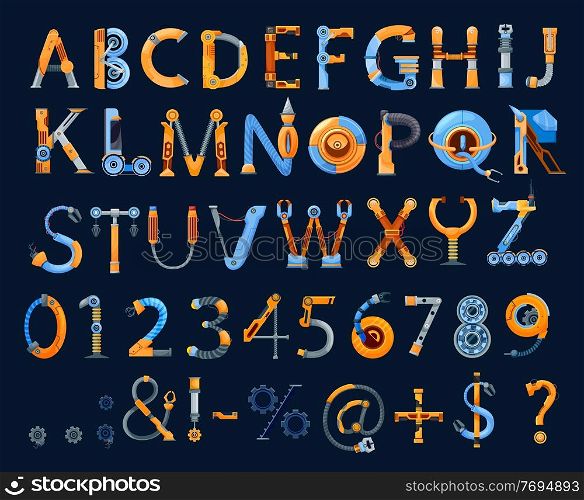 Cartoon mechanics and robots font, vector kids alphabet or type, letters, digits and punctuation marks. Abc uppercase characters made of machine or android cyborg parts, gears and wire. Cartoon mechanics and robots font, kids alphabet