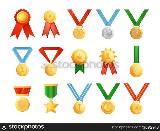 Cartoon medals. Golden silver and bronze winner awards for game UI or level progress. Competition or tournament rewards. Victory trophies. Metal badges and ribbons. Vector isolated champion prizes set. Cartoon medals. Golden silver and bronze awards for game UI or level progress. Competition or tournament rewards. Victory trophies. Metal badges and ribbons. Vector champion prizes set