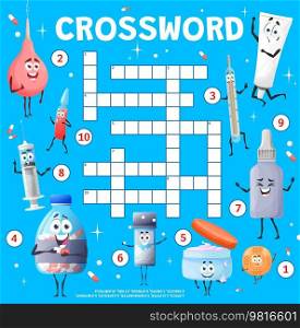 Cartoon medical instruments, pills, ointments crossword grid worksheet. Find a word quiz game. Vector quiz with cute patch, clyster, thermometer and tablet, drops, syringe, tube and capsule personages. Cartoon medical instruments, ointments crossword