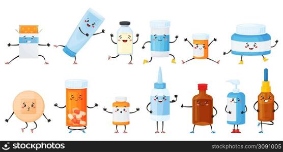 Cartoon medical pill characters with funny faces, medicine mascots. Pills and tablets in bottles, medications, pharmacy drugs mascot vector set. Cheerful vitamins, remedy and patch. Cartoon medical pill characters with funny faces, medicine mascots. Pills and tablets in bottles, medications, pharmacy drugs mascot vector set