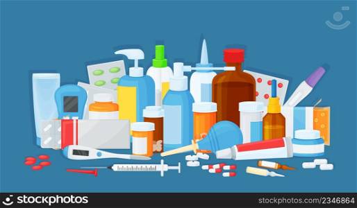 Cartoon medical products, pharmacy drugs, pills and tablets. Medicine bottles, blisters and capsules, various medications vector illustration. Remedy against illnesses, health treatment. Cartoon medical products, pharmacy drugs, pills and tablets. Medicine bottles, blisters and capsules, various medications vector illustration