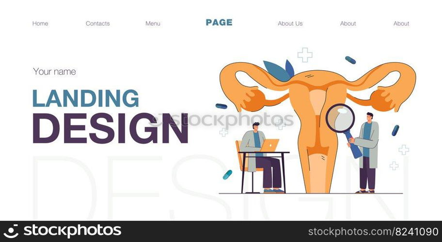 Cartoon medical professionals examining uterus. Vaginal endometriosis treatment flat vector illustration. Gynecology, infertility, health concept for banner, website design or landing web page