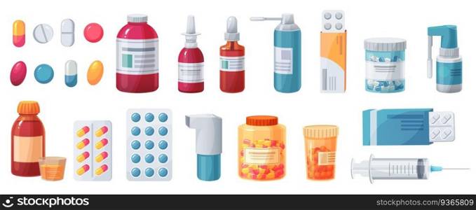Cartoon medications. Medical drugs, tablets, capsules and prescription bottles. Blisters, syringe and painkiller drug vector pharmacy set. Health care and medical cure, illness treatment. Cartoon medications. Medical drugs, tablets, capsules and prescription bottles. Blisters, syringe and painkiller drug vector pharmacy set