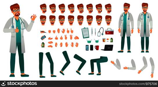 Cartoon medicine doctor creation kit. Medical man, healthcare medic and male doctor character constructor. Professional hospital dentist doctors construction. Isolated vector icons set. Cartoon medicine doctor creation kit. Medical man, healthcare medic and male doctor character constructor vector set