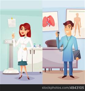 Cartoon Medicine Vertical Banners. Cartoon medicine vertical banners with male and female smiling doctors in hospital in flat style vector illustration