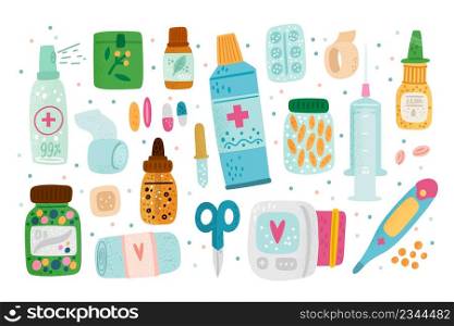 Cartoon medicines. Hand drawn drugstore objects. Drugs and mixtures. Isolated pills and thermometer. Sterile bandages and medical instruments. Syringe or sanitizer. Vector cute pharmacy items set. Cartoon medicines. Hand drawn drugstore objects. Drugs and mixtures. Pills and thermometer. Sterile bandages and medical instruments. Syringe or sanitizer. Vector pharmacy items set