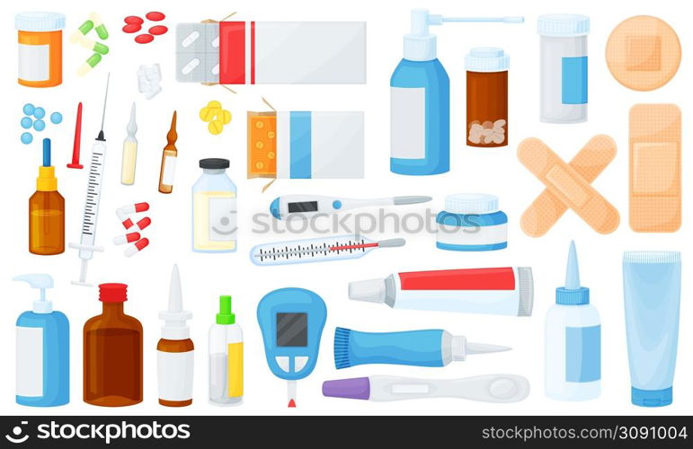 Cartoon medicines in jars, pills in bottles, pharmacy drugs. Medical tablets, capsules in blisters, sprays, antibiotics, vitamins vector set. Healthcare and medical help items for drugstore. Cartoon medicines in jars, pills in bottles, pharmacy drugs. Medical tablets, capsules in blisters, sprays, antibiotics, vitamins vector set