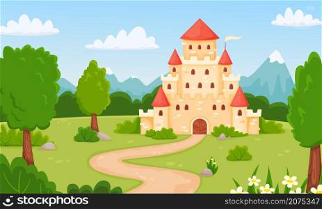 Cartoon medieval castle, fairytale landscape with princess palace. Magic kingdom fortress in forest, children fairy tale vector illustration. Royal historical mansion with beautiful nature. Cartoon medieval castle, fairytale landscape with princess palace. Magic kingdom fortress in forest, children fairy tale vector illustration