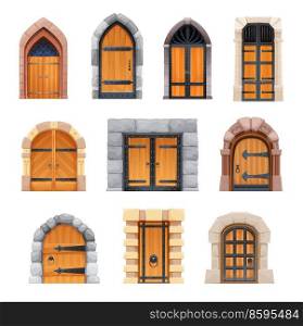 Cartoon medieval castle gates and doors, exterior arch portals with stone doorways. Vector wooden fairytale arched or rectangular entries. Palace architecture elements with forgery and ring knobs set. Cartoon medieval castle gates and doors