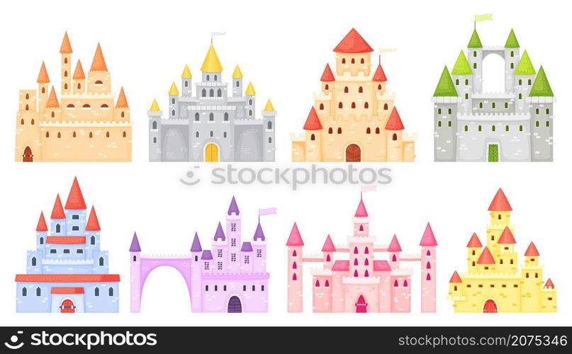 Cartoon medieval castles, ancient fortress, fairy tale palace. Fortified palace exterior, mansion, fairytale princess castle towers vector set. Historical defensive building or old royal kingdom. Cartoon medieval castles, ancient fortress, fairy tale palace. Fortified palace exterior, mansion, fairytale princess castle towers vector set