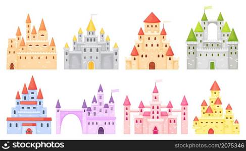 Cartoon medieval castles, ancient fortress, fairy tale palace. Fortified palace exterior, mansion, fairytale princess castle towers vector set. Historical defensive building or old royal kingdom. Cartoon medieval castles, ancient fortress, fairy tale palace. Fortified palace exterior, mansion, fairytale princess castle towers vector set