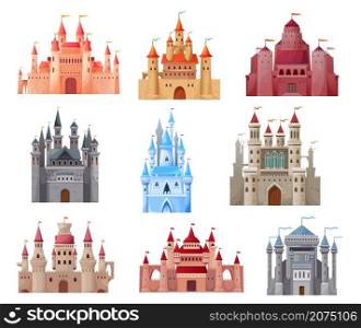 Cartoon medieval castles and fortress of king palace, vector icons. Medieval kingdom castles with fort towers and royal flags, fairy tale cartoon architecture buildings of stronghold citadels. Cartoon medieval castle, fortress and king palace