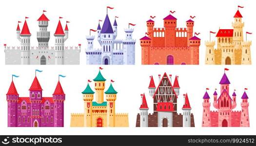Cartoon medieval castles. Fairytale medieval towers, historical royal kingdom castles. Ancient fortress castles cartoon vector illustration set. Old citadel with gothic architecture. Cartoon medieval castles. Fairytale medieval towers, historical royal kingdom castles. Ancient fortress castles cartoon vector illustration set