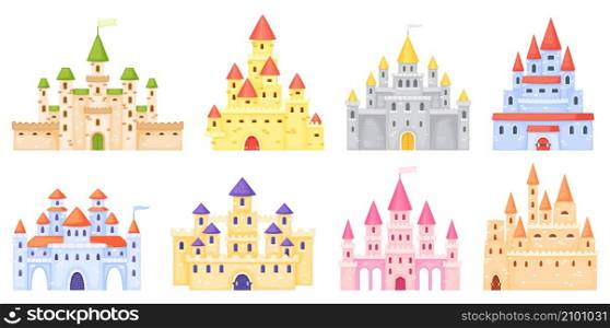 Cartoon medieval castles, fairytale princess castle towers. Fantasy kingdom magic palace, king fortress, gothic mansion exterior vector set. Dream mysterious royal building with gate. Cartoon medieval castles, fairytale princess castle towers. Fantasy kingdom magic palace, king fortress, gothic mansion exterior vector set