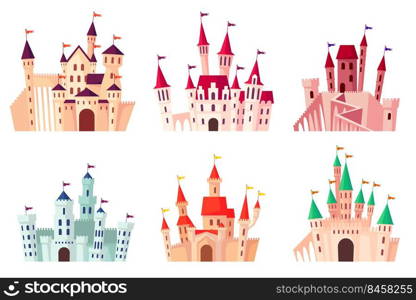 Cartoon medieval castles vector illustration set. Collection of gothic towers, fortified palaces, mansions isolated on white background. Fairytale, ancient buildings, fortresses concept