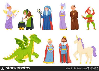 Cartoon medieval fairytale characters, magic unicorn and dragon. Fantasy fairy tale witch and magician, princess, king and queen vector set. People in middle aged costumes and fantastic creatures. Cartoon medieval fairytale characters, magic unicorn and dragon. Fantasy fairy tale witch and magician, princess, king and queen vector set
