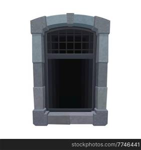 Cartoon medieval window of prison, jail cell or wall cage with metal grate. Prison dungeon isolated window with iron bars, castle tower or fortress jail vector gates with stones bricks. Cartoon medieval prison window with metal grate