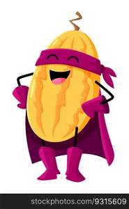 Cartoon melon fruit superhero and defender character wear cape, mask and boots. Isolated vector heroic juicy plant personage fights for justice and hydration with his powers of super strength. Cartoon melon fruit superhero defender character