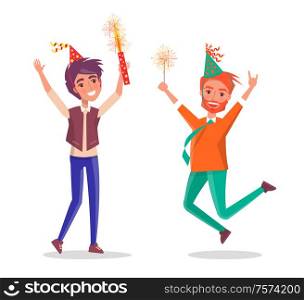 Cartoon men celebrating birthday party. Redhead bearded man merrily jump, fireworks in hand. Happy male in festive hat and sparkler leap of joy, vector. Cartoon Men Celebrating Birthday Party, Fireworks