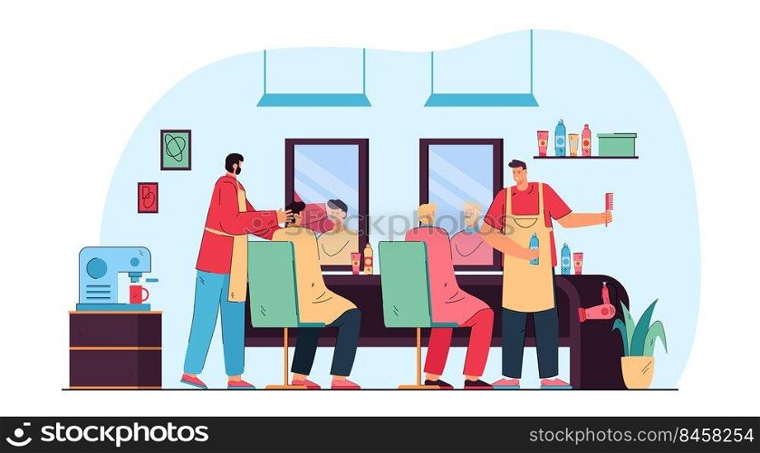 Cartoon men getting their hair cut in barbershop. Flat vector illustration. Clients sitting in front of mirrors, hairdressers in aprons in salon. Hair care, beauty, business, service concept
