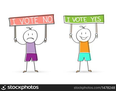 Cartoon men holding signs that read I VONE NO and I vote YES. Flat Doodle style for design and decoration