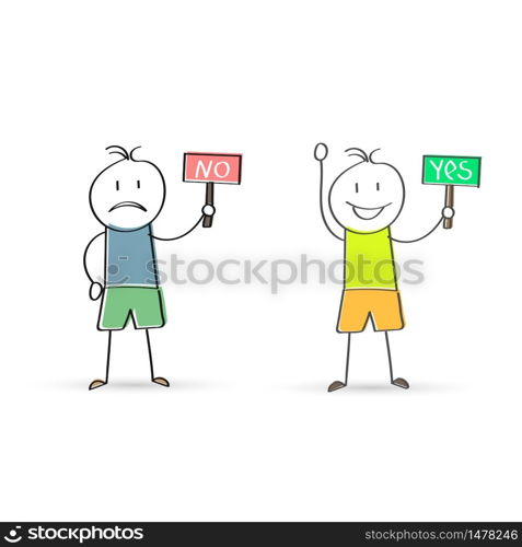 Cartoon men holding signs with the words YES and NO. Flat Doodle style for design and decoration