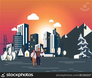 Cartoon men walk and city urban background
