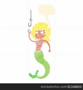 cartoon mermaid and fish hook with speech bubble
