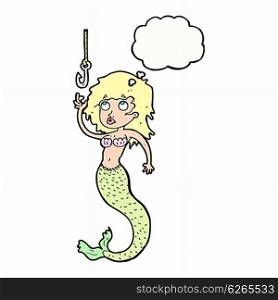cartoon mermaid and fish hook with thought bubble