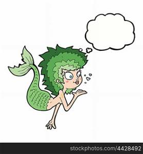 cartoon mermaid blowing a kiss with thought bubble