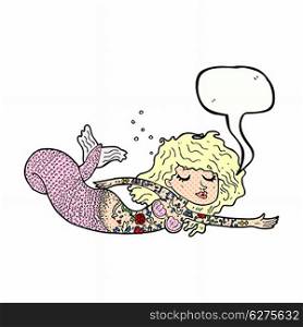cartoon mermaid covered in tattoos with speech bubble