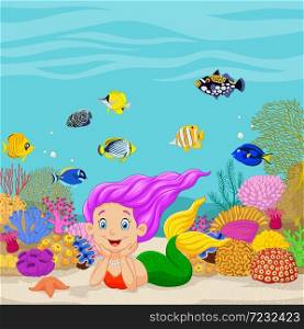 Cartoon mermaid in the underwater background