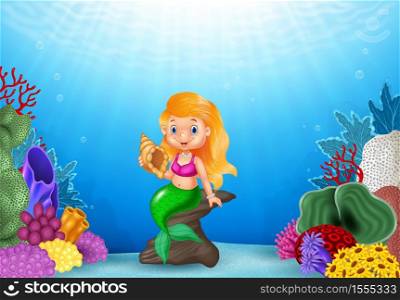 Cartoon mermaid with beautiful underwater world