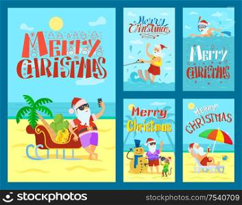 Cartoon Merry Christmas with Santa Claus summer and winter collection vector. Swimming and laying on the beach, shooting and having fun vector. Collection Cards Merry Christmas with Santa Vector