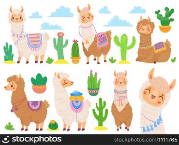Cartoon mexican alpaca. Funny llamas, cartoon cute animal and llama with desert cactus. Sweet alpaca stickers, mexico fluffy drama llamas characters. Isolated vector icons set. Cartoon mexican alpaca. Funny llamas, cartoon cute animal and llama with desert cactus vector set