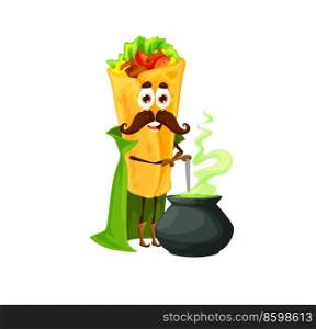 Cartoon mexican burrito mage character with magic potion pot. Fast food meal funny sorcerer personage, comical burrito wizard or sorcerer vector character cooking magic potion on cauldron. Cartoon mexican burrito mage character with pot