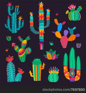 Cartoon mexican cactus flowers, desert succulent set. Vector cacti in colorful psychedelic style. Desert plants with spikes or blossoms, tropical flora design elements for cinco de mayo greeting cards. Cartoon mexican cactus flowers, desert succulents
