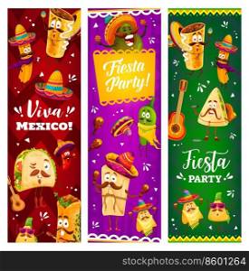 Cartoon mexican characters on fiesta party. Funny tacos and quesadilla, jalapeno, tamales and nachos, churros, chili pepper and burrito, enchilados happy cute characters in sombrero hat. Cartoon mexican characters on fiesta party banners