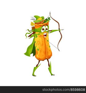 Cartoon Mexican enchilada defender character, vector kids hero personage. Funny cute Mexican enchilada archer guardian, defender and rescue ranger in with arrow bow and green hat with mask. Cartoon Mexican enchilada defender character