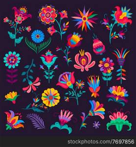 Cartoon mexican flowers, buds and blossoms, vector plants with colorful petals and stems, elements for Mexico Day of Dead Dia de los Muertos or Cinco de Mayo Festival Floral Design isolated set. Cartoon mexican flowers, buds and blossoms, vector