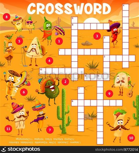 Cartoon mexican food characters crossword puzzle game grid, find a word quiz worksheet. Vector jalapeno, avocado, chile, quesadilla, enchilada, burrito, churros, nachos and taco, fajitas, chimichanga. Cartoon mexican food characters crossword puzzle