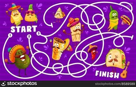 Cartoon mexican food characters labyrinth maze riddle. Cartoon vector kids board game with nachos, avocado, tacos and burrito with enchiladas and jalapeno peppers. Boardgame with tex mex personages. Cartoon mexican food characters labyrinth maze