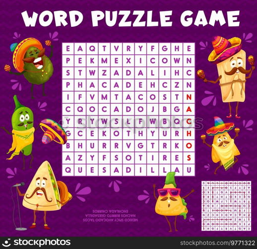 Cartoon Mexican food characters word search puzzle game, vector worksheet. Kids quiz or riddle grid to search and find word of funny Mexican quesadilla and chili pepper in sombrero, avocado and nachos. Cartoon Mexican food characters word search puzzle