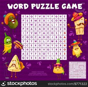 Cartoon Mexican food characters word search puzzle game, vector worksheet. Kids quiz or riddle grid to search and find word of funny Mexican quesadilla and chili pepper in sombrero, avocado and nachos. Cartoon Mexican food characters word search puzzle