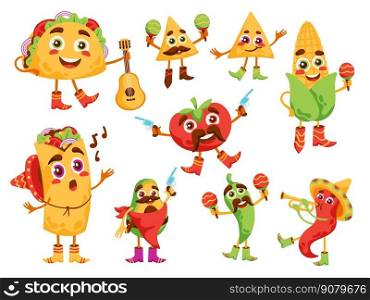 Cartoon Mexican food products characters. Funny burrito, nachos and taco mascots. Avocado, hot pepper, tomato and corn vector illustration set. Vegetables playing musical instruments. Cartoon Mexican food products characters. Funny burrito, nachos and taco mascots. Avocado, hot pepper, tomato and corn vector illustration set